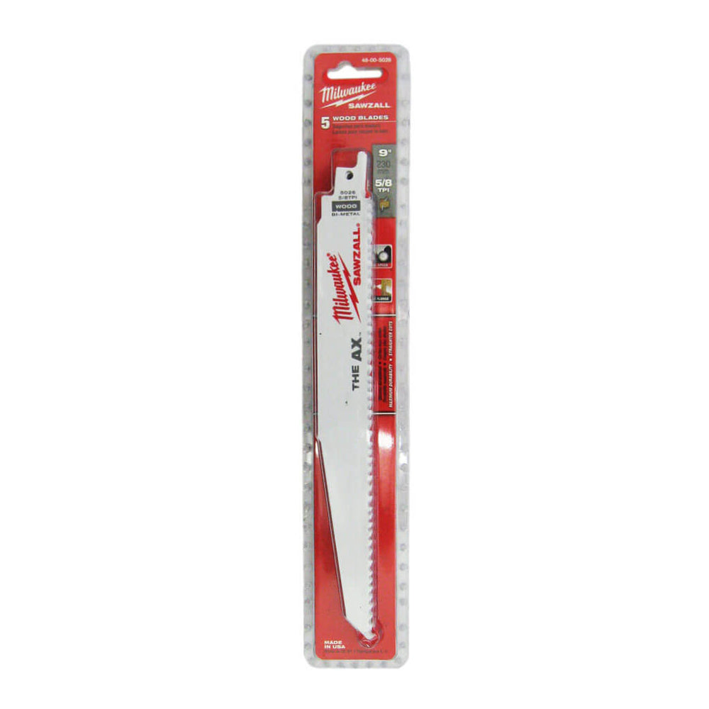 Milwaukee 9 in. 5 TPI The AX Demolition Wood-Cutting SAWZALL Blade (5 PK) – 48-00-5026