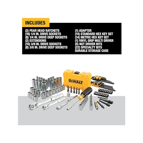 DeWalt DWMT73801 Mechanics Tools Kit and Socket Set, 1/4" & 3/8" Drive, SAE, 108-Piece