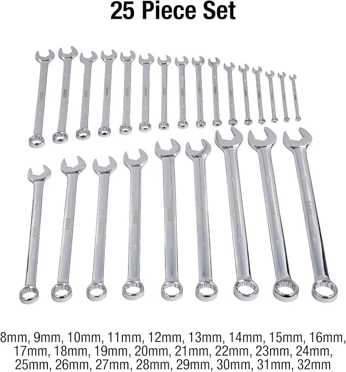 Sunex 9917MPRA 25 Pc Metric Full Polish V-Groove Combo Wrench Set