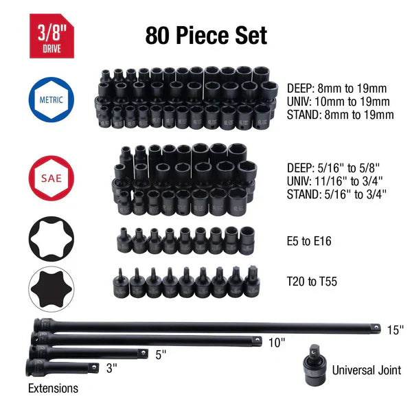 Sunex 3580 3/8 Drive 80 Piece Master Impact Socket Set