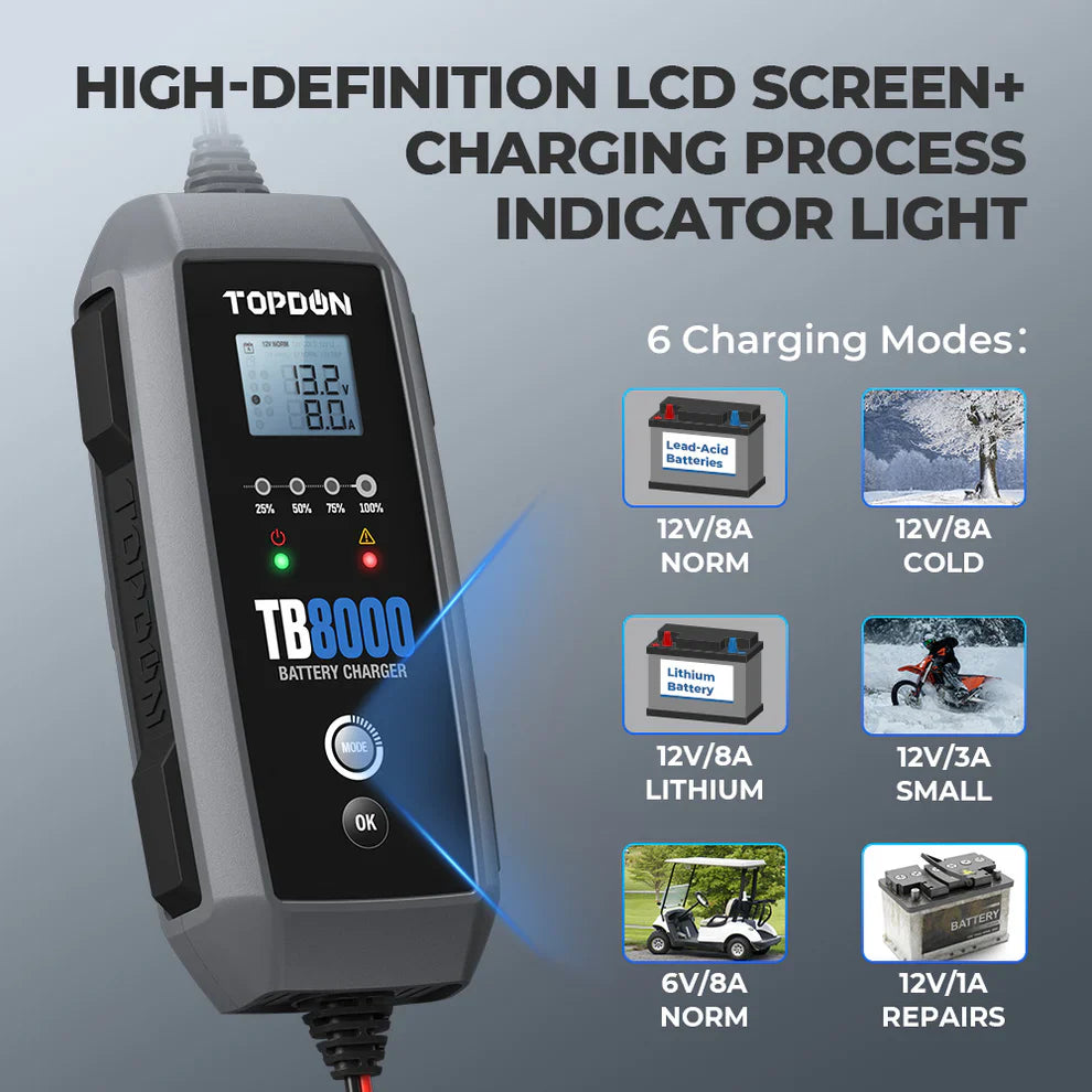 Topdon TB8000 8A Smart Battery Charger Li Wet Gel Mf Cal Efb Agm