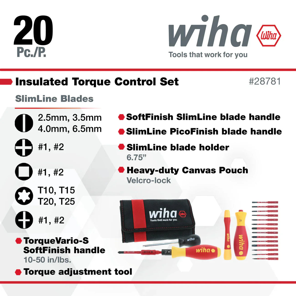 Wiha 28781 20 Piece Insulated TorqueVario-S (10-50 In/lbs) and SlimLine Blade Set