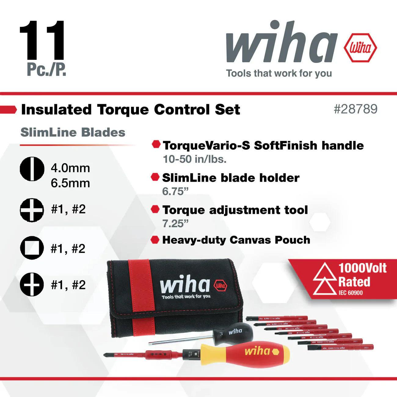 Wiha 28789 11 Piece Insulated TorqueVario-S (10-50 In/lbs) and SlimLine Blade Set