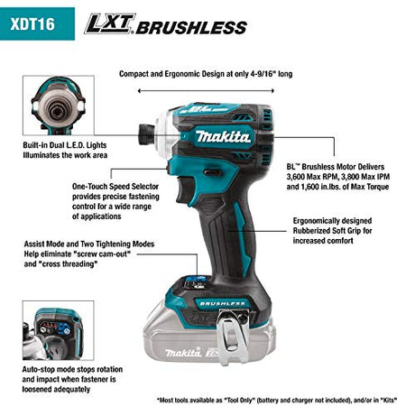 Makita XDT16Z 18V LXT Lithium-Ion Brushless Cordless Quick-Shift Mode 4-Speed Impact Driver