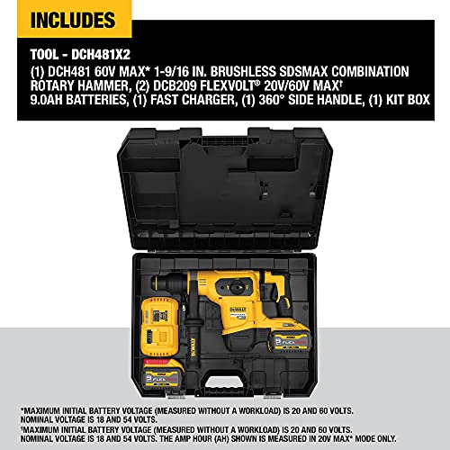 DEWALT DCH481X2 60V MAX 1-9/16"" Brushless SDS MAX Rotary Hammer Kit