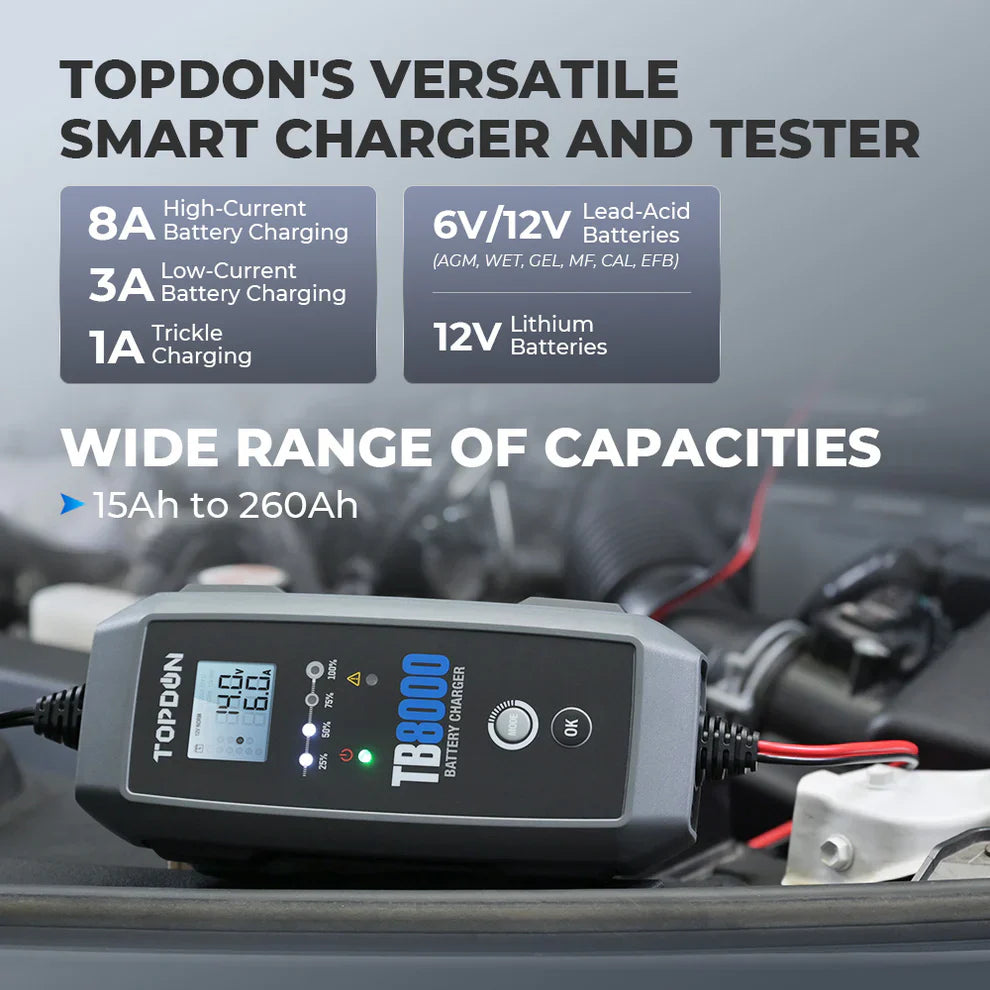 Topdon TB8000 8A Smart Battery Charger Li Wet Gel Mf Cal Efb Agm