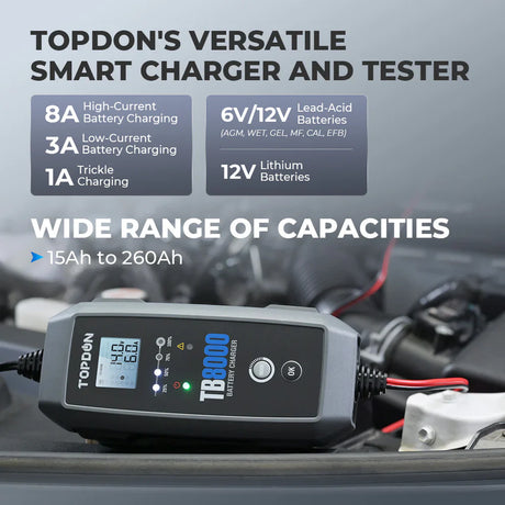 Topdon TB8000 8A Smart Battery Charger Li Wet Gel Mf Cal Efb Agm