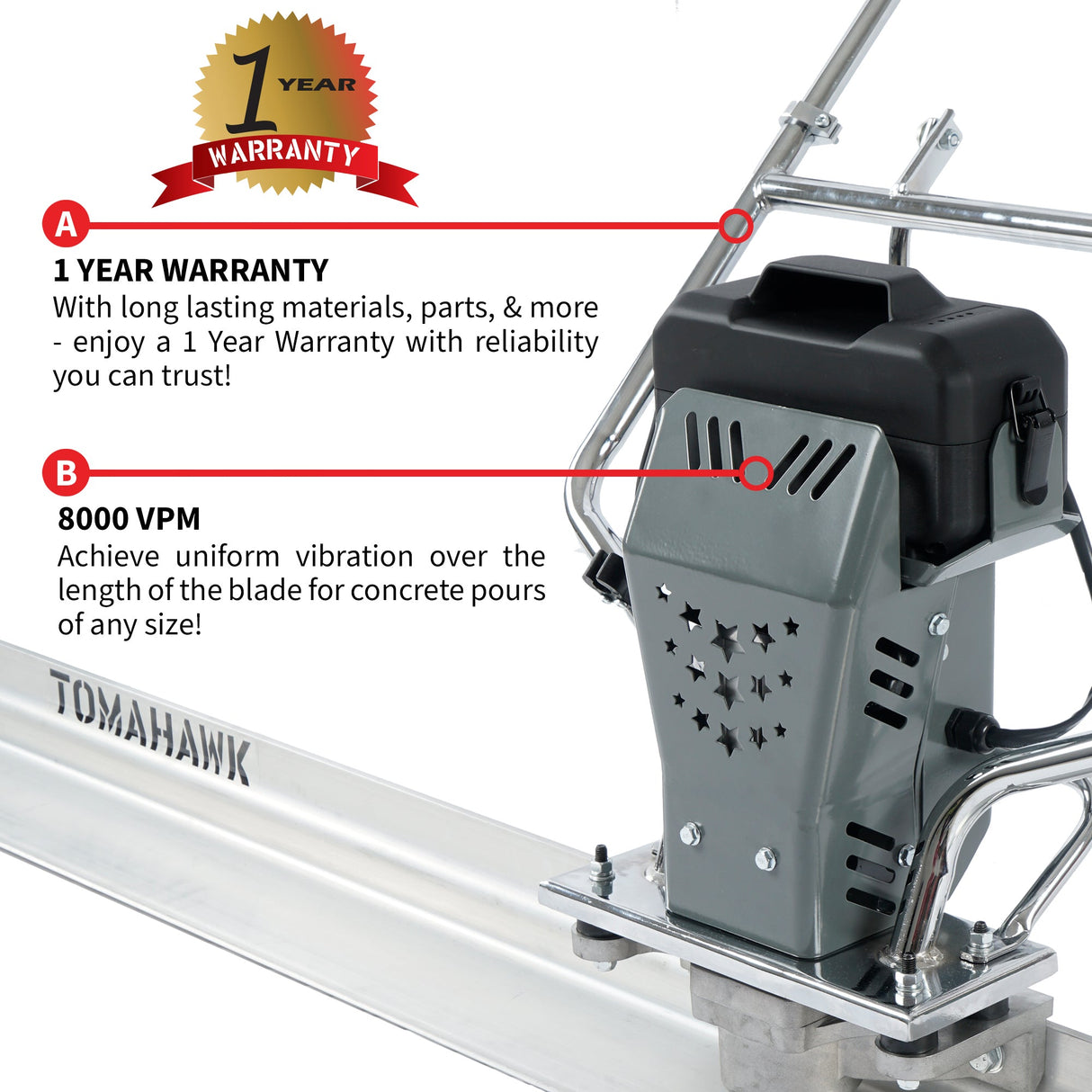 Battery Powered Vibrating Concrete Power Screed 36V/5Ah Float Finishing Tool (Choose 4ft, 6ft, 8ft, 10ft, 12ft, 14ft)