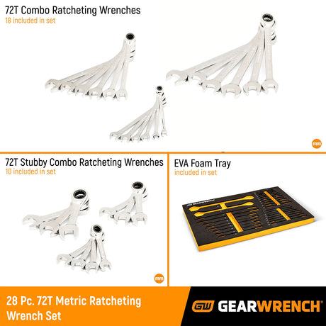 GEARWRENCH 86527 28 Piece 72T Metric Standard & Stubby Ratcheting Wrench Set